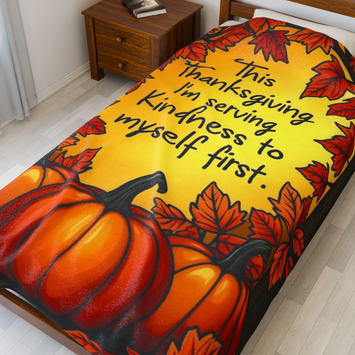 Self-care blanket with “Serving Kindness to Myself First,” Thanksgiving mindfulness design.
