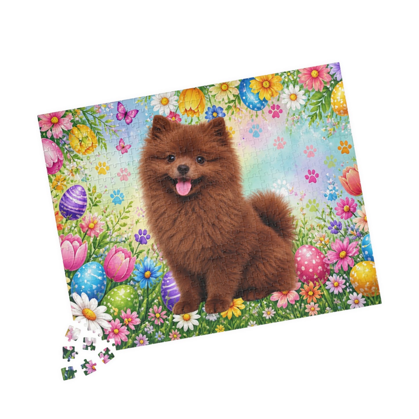 Pomeranian (Chocolate) Easter Puppy Puzzle - Spring Garden with Eggs, Tulips, and Daisies