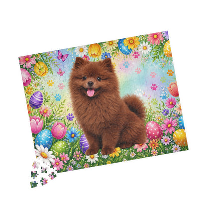 Pomeranian (Chocolate) Easter Puppy Puzzle - Spring Garden with Eggs, Tulips, and Daisies