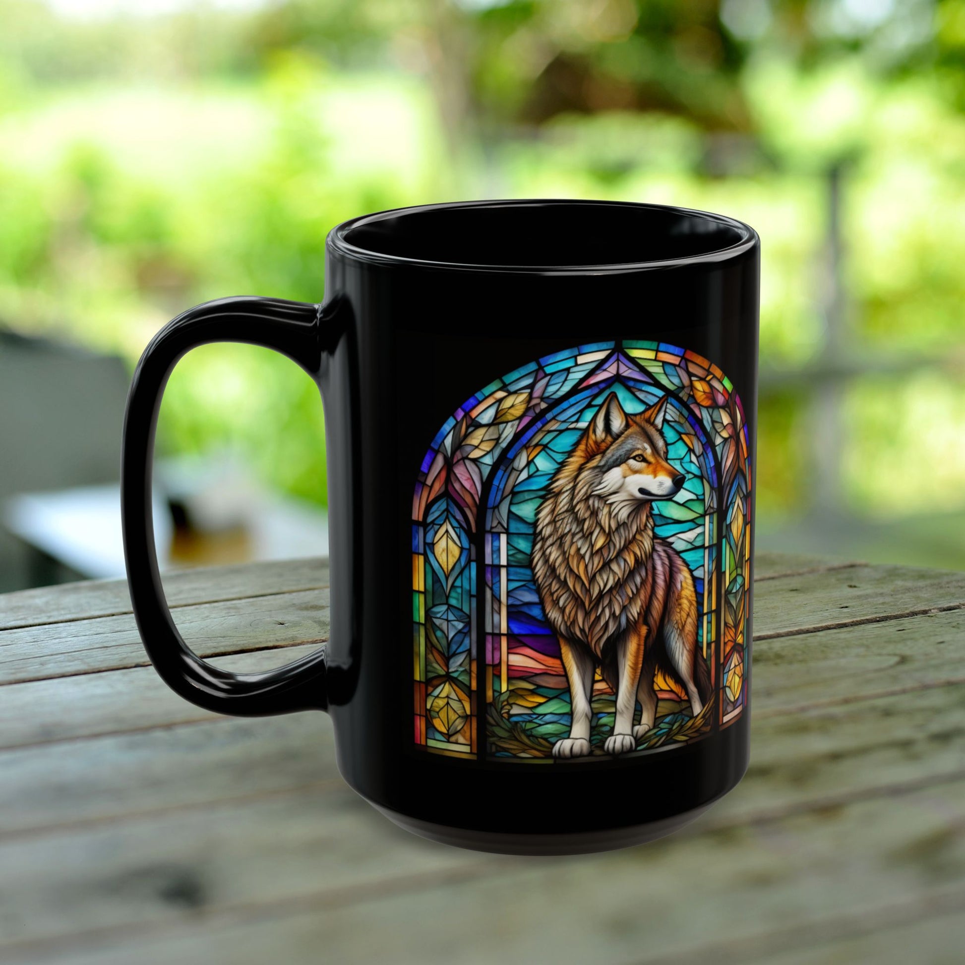 Wolf Personalized Mug, Stained Glass Zoo Animal Design, Unique Ceramic Gift for Wildlife Lovers, Coffee, Tea, & Hot Chocolate Cup