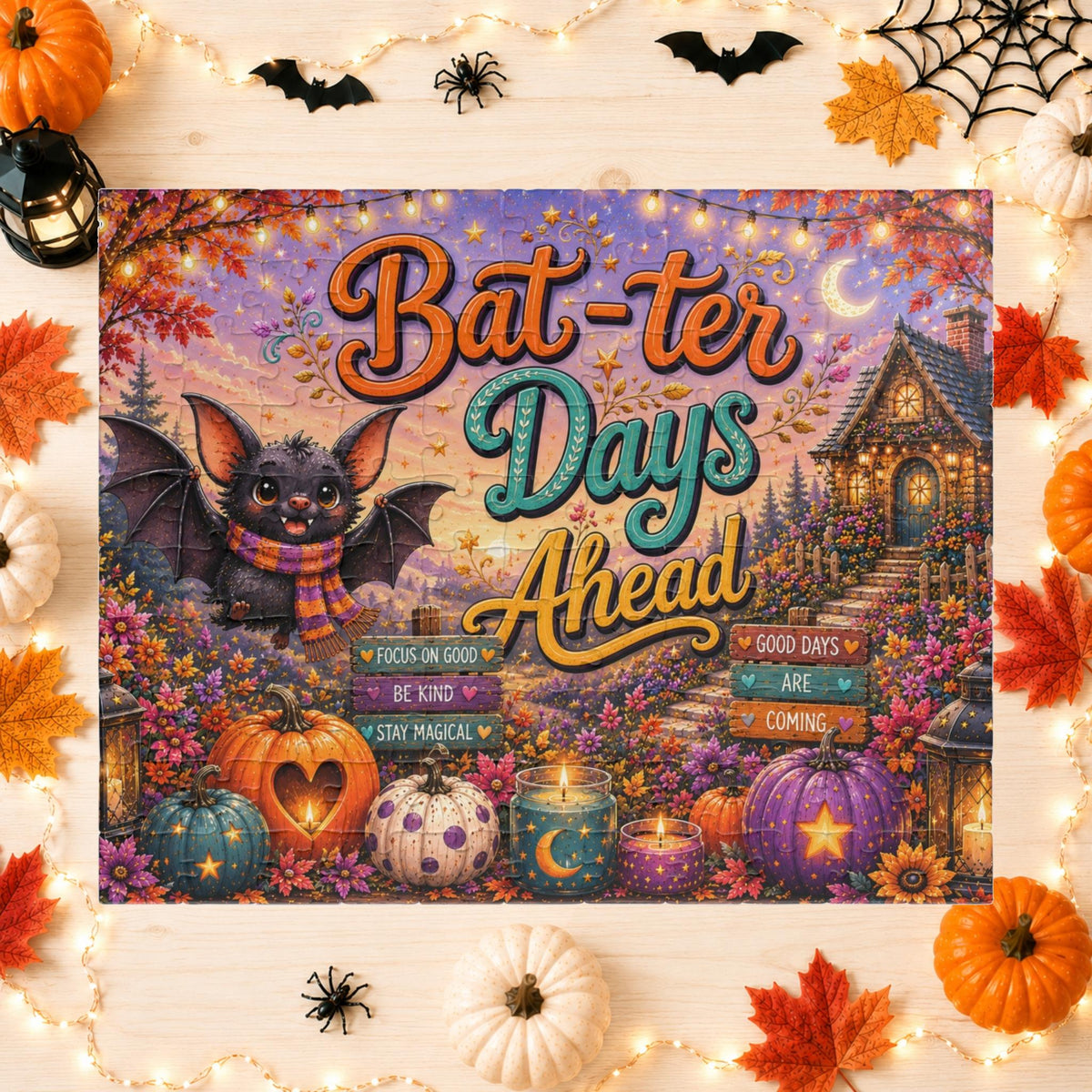 Bat-ter Days Ahead Halloween puzzle featuring cheerful bat artwork, heart pumpkins, and a cozy cottage scene