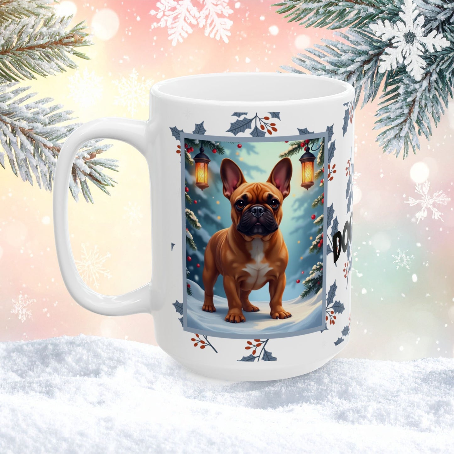 French Bulldog (Red Fawn) Winter Mug - red fawn French Bulldog artwork standing in a winter setting with snowy background