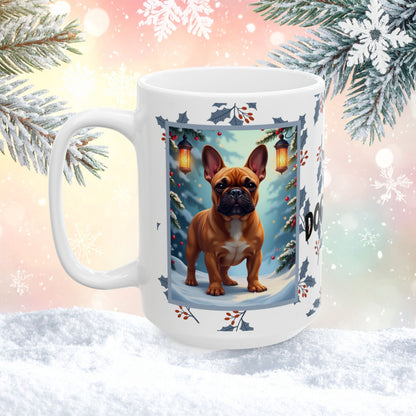 French Bulldog (Red Fawn) Winter Mug - red fawn French Bulldog artwork standing in a winter setting with snowy background
