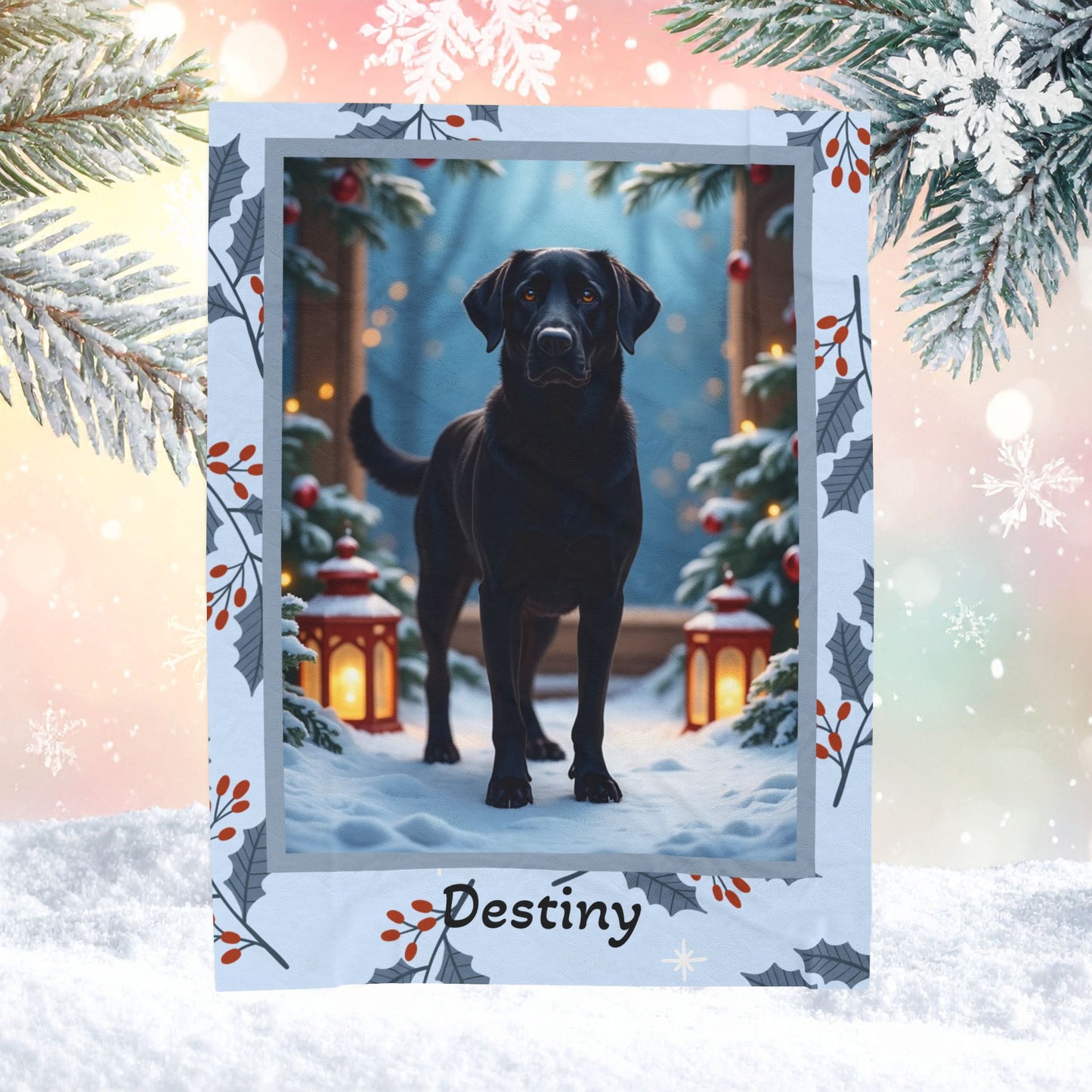 Labrador Retriever Black custom winter blanket featuring a loyal Lab in a bright lodge-style snowy illustration