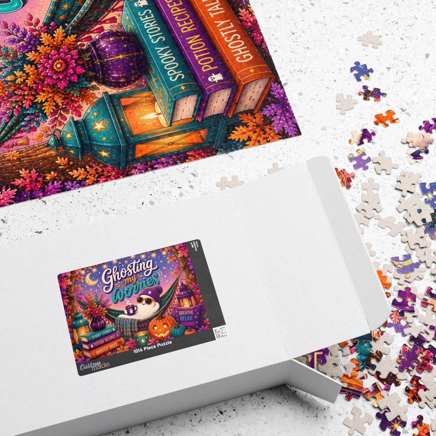 Ghosting My Worries Halloween Puzzle - Unbothered Ghost in Hammock with Breathe Relax Unwind Pillow