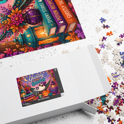 Ghosting My Worries Halloween Puzzle - Unbothered Ghost in Hammock with Breathe Relax Unwind Pillow
