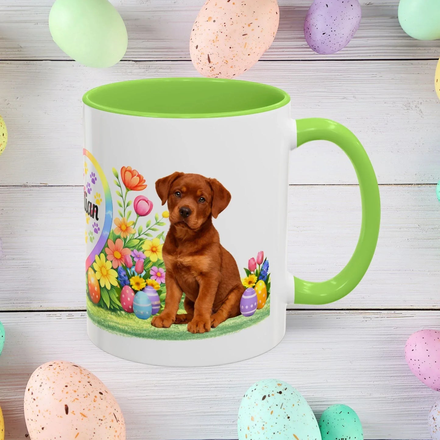 Shop our rottweiler red puppy easter mug featuring the 11oz style option from MySisterIsASurvivor.