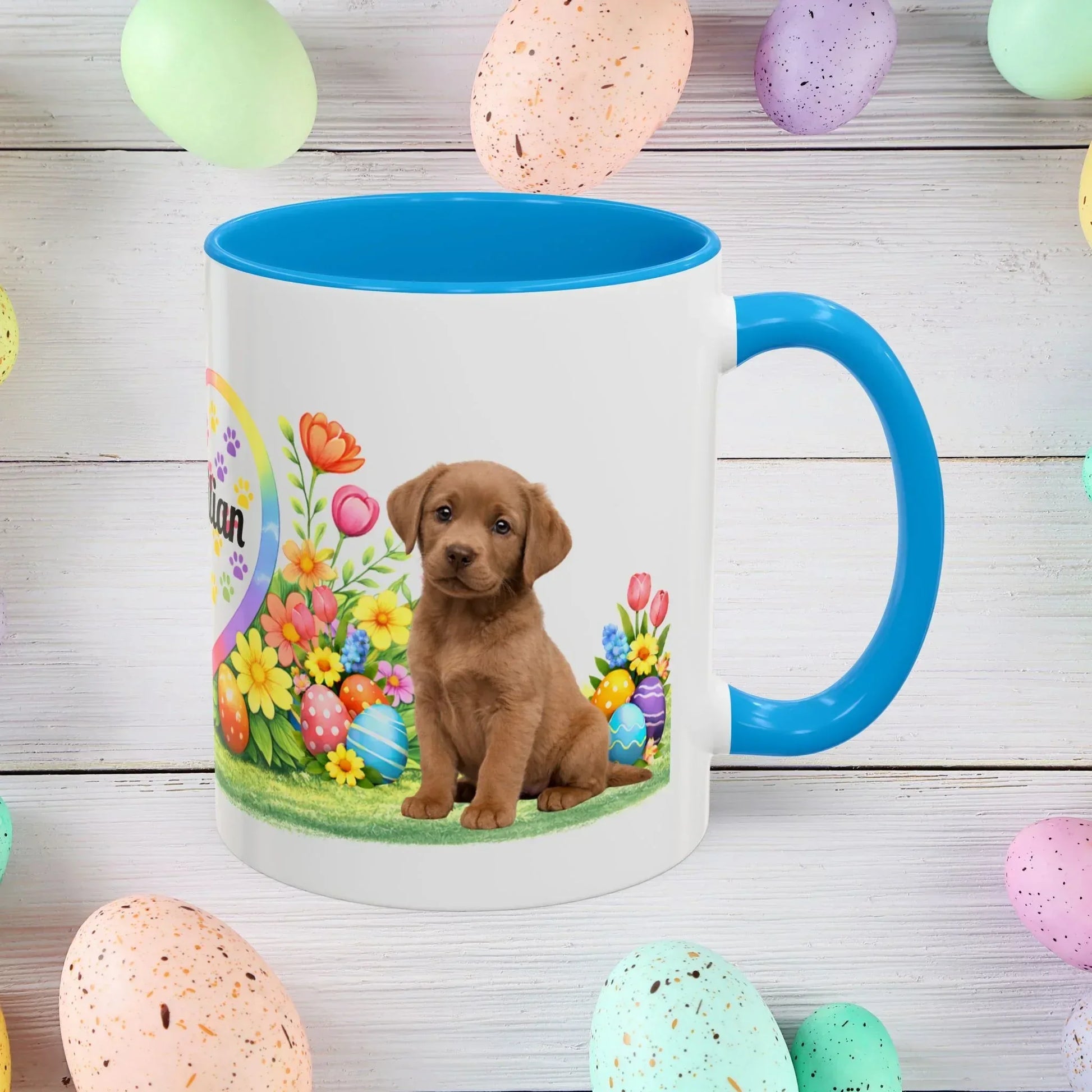 Shop our labrador retriever chocolate light puppy easter mug featuring the 11oz style option from MySisterIsASurvivor.