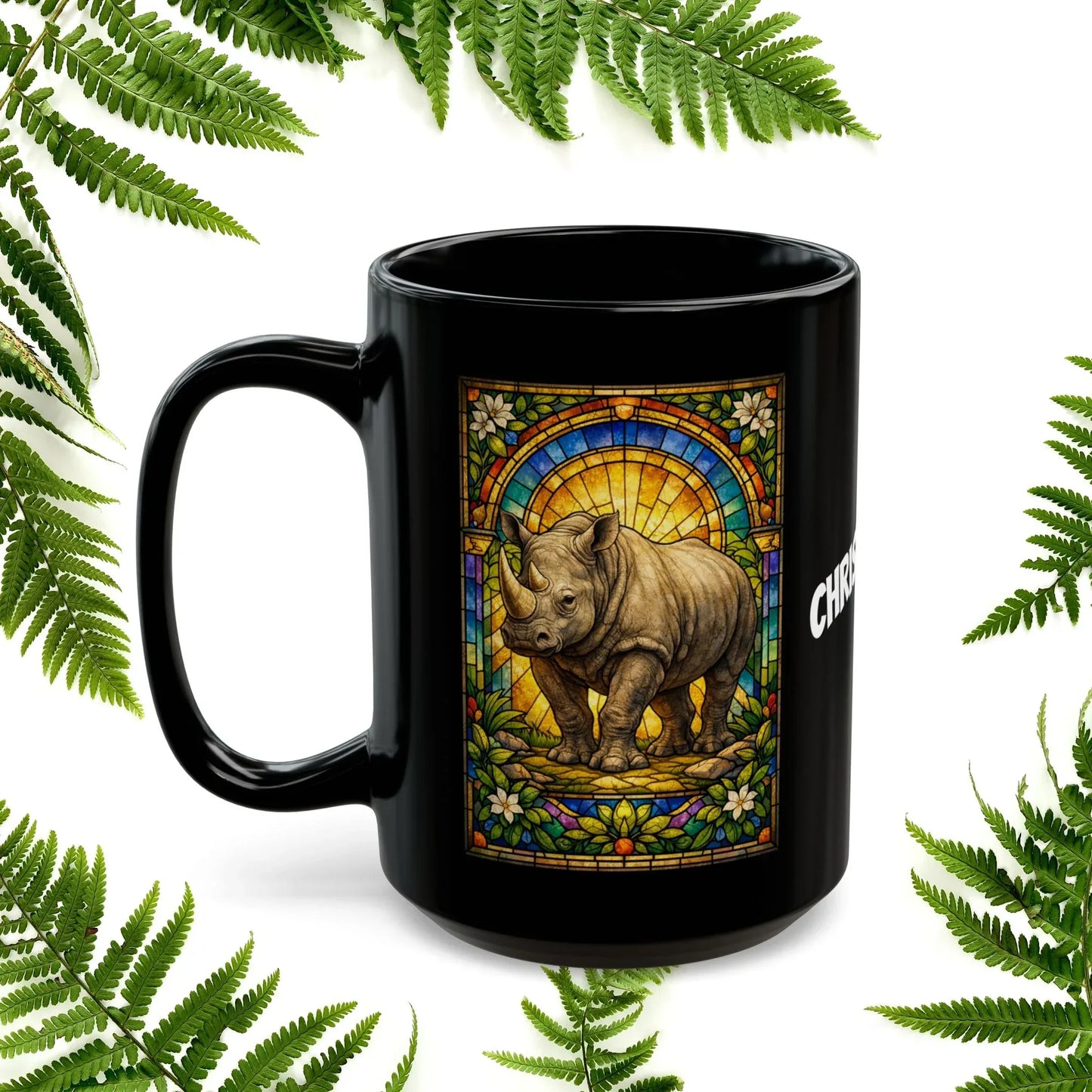 Shop our premium rhino stained glass style black mug from MySisterIsASurvivor.