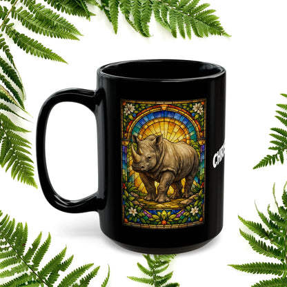 Shop our premium rhino stained glass style black mug from MySisterIsASurvivor.