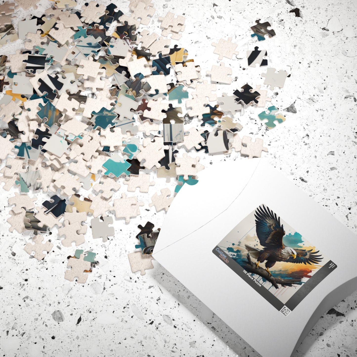 Inspirational Eagle Flight - Full-Body Bald Eagle Puzzle with Wings Spread on Watercolor Splash Background