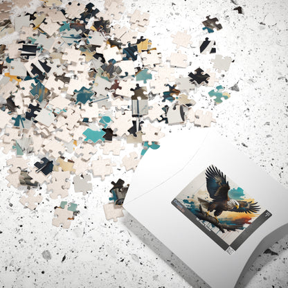 Inspirational Eagle Flight - Full-Body Bald Eagle Puzzle with Wings Spread on Watercolor Splash Background