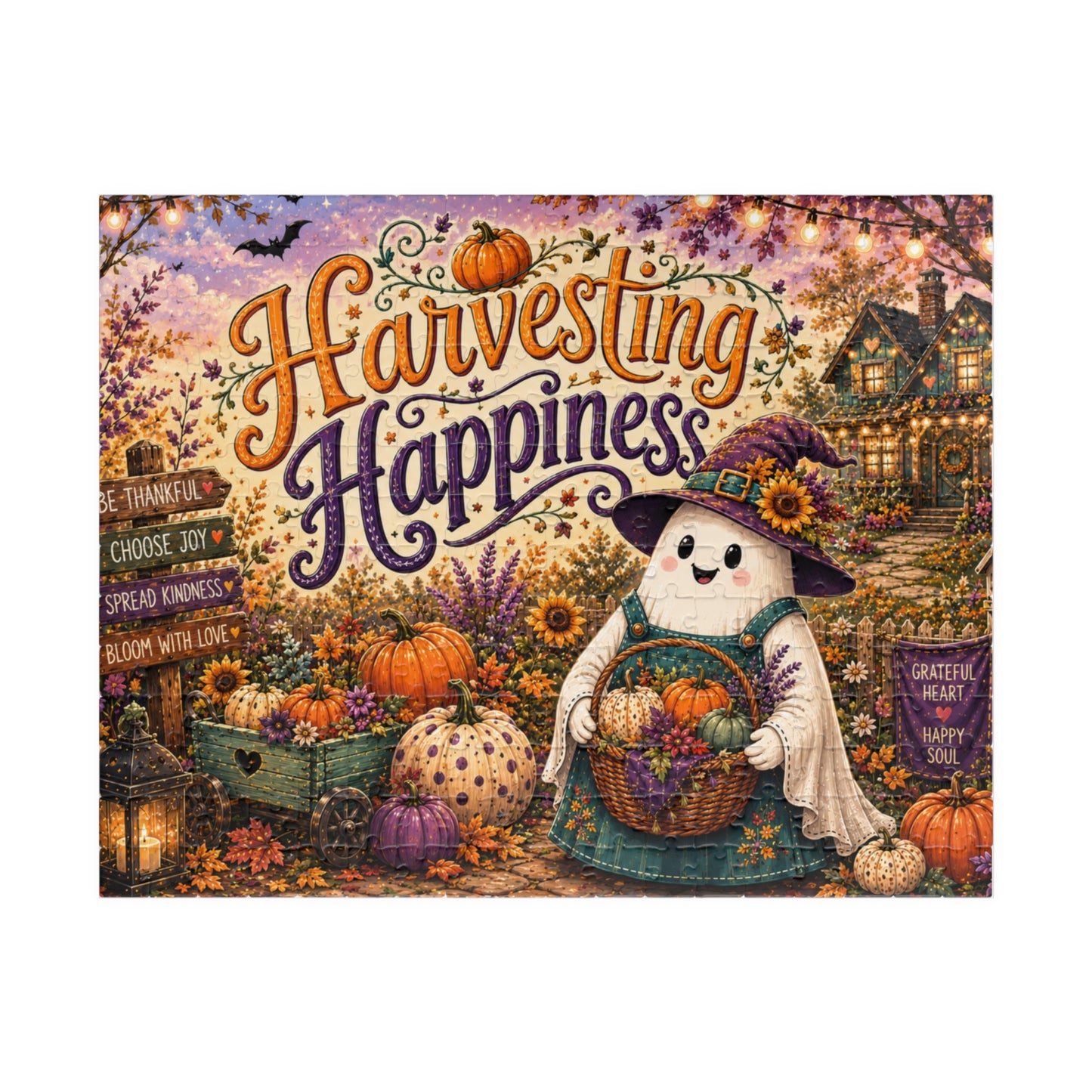 Harvesting Happiness Halloween Puzzle - Witch Ghost with Harvest Basket, Sunflowers, and Pumpkins