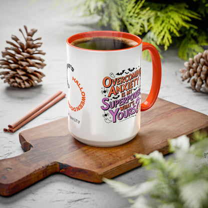 Overcoming Anxiety is My Superpower Halloween Mug - Personalized Empowerment Coffee Cup Gift