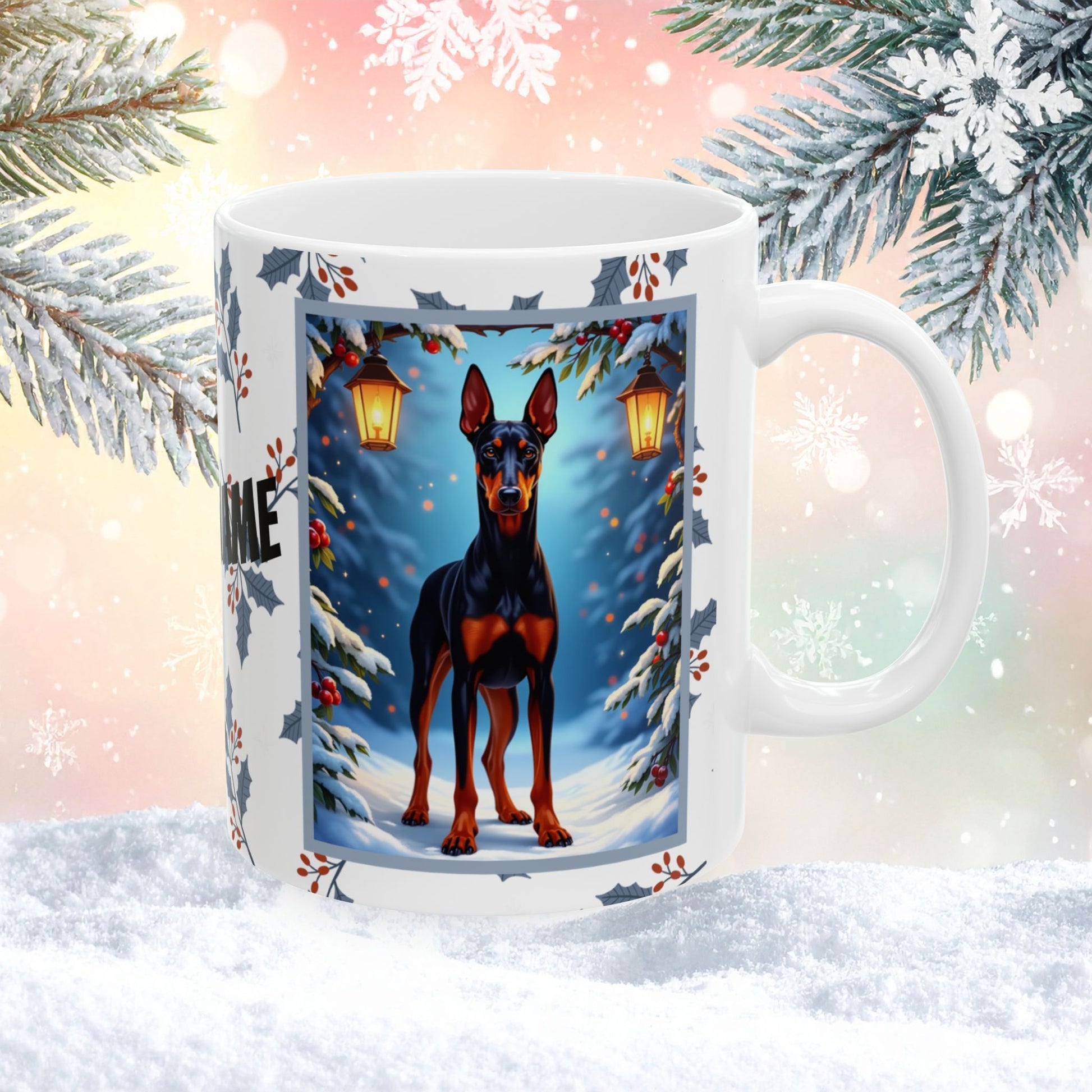 Doberman (Black & Rust) Winter Mug - black and rust Doberman illustrated standing proudly in a snowy winter scene with pine branches