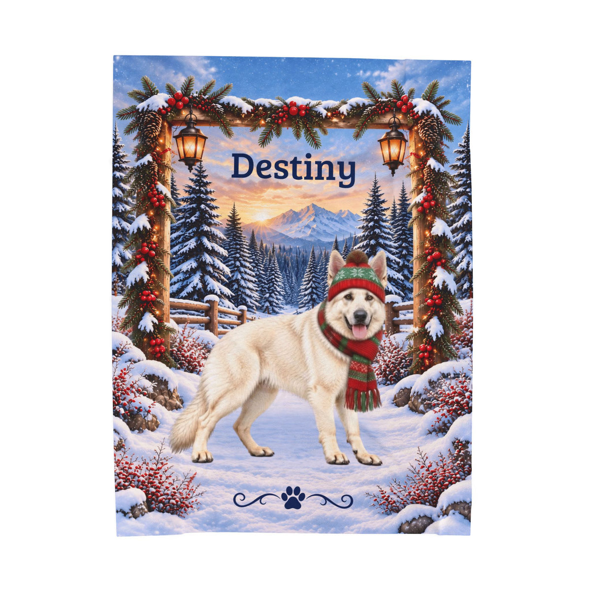 German Shepherd (White Coat) - Personalized Winter Forest Blanket, Custom Name Velveteen Throw - MySisterIsAsurvor