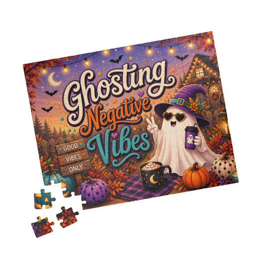 Ghosting Negative Vibes Halloween Puzzle - Cheerful Ghost with Witch Hat, Pumpkins, and String Lights