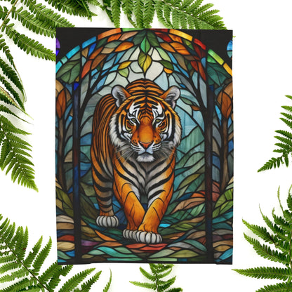 A fierce tiger blanket with stained glass-style art that combines power, color, and coziness.