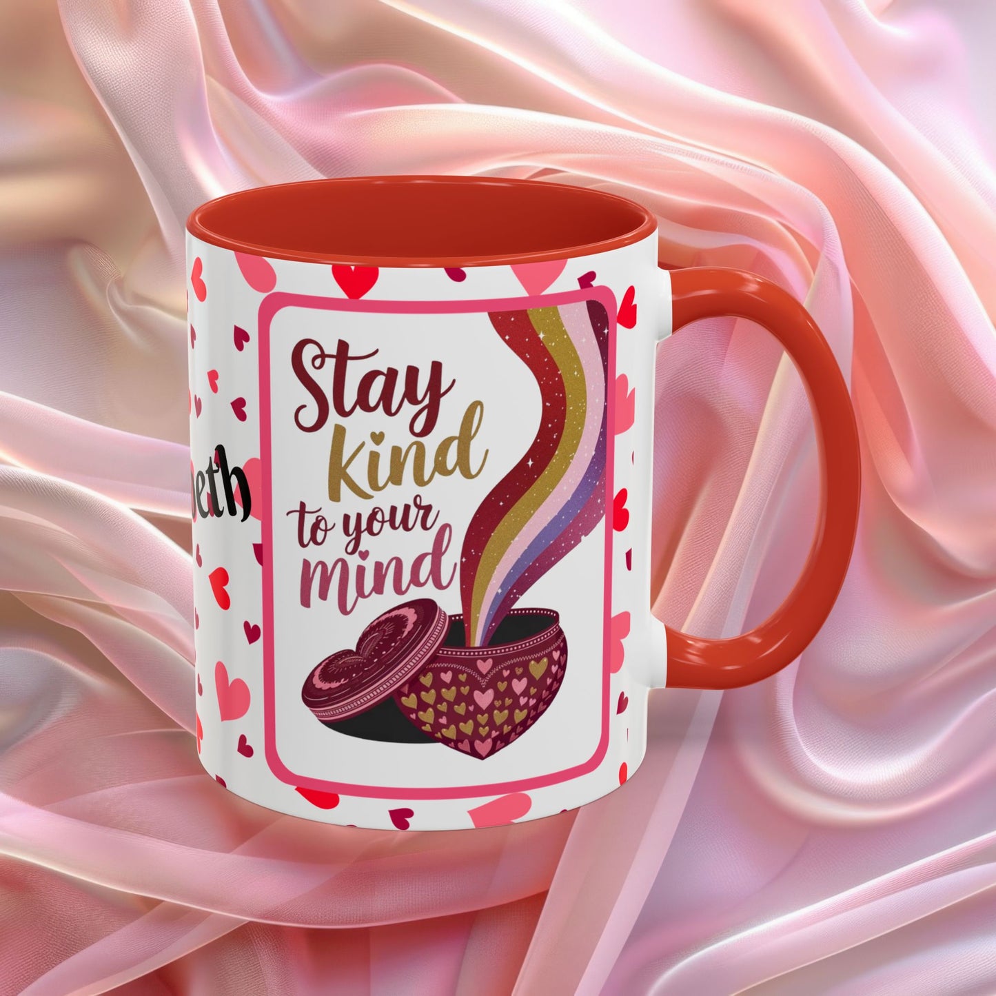 Stay Kind To Your Mind Valentines mug promoting mindfulness and balance, Valentine themed coffee cup