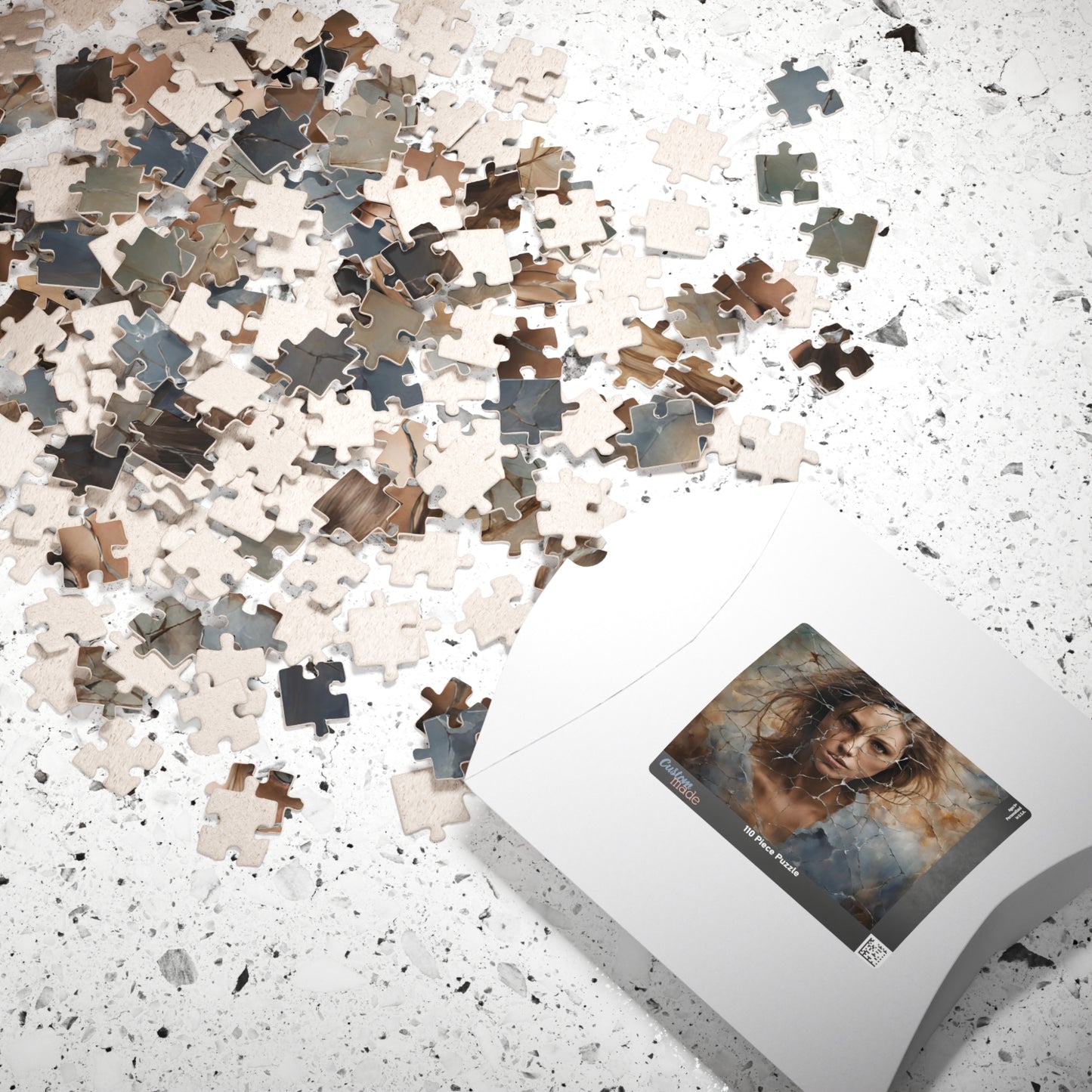 Break Free - Woman's Portrait Puzzle with Cracked Texture in Muted Blue and Brown Tones