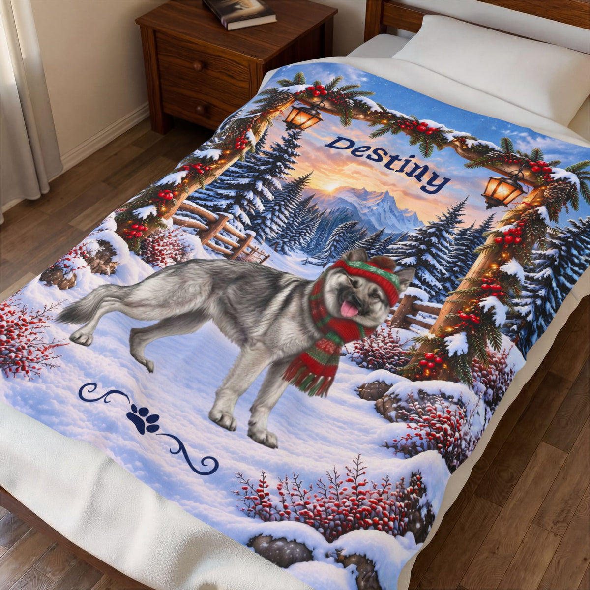 German Shepherd (Silver Sable) - Personalized Snowy Pines Blanket, Custom Name Velveteen Throw - MySisterIsAsurvor