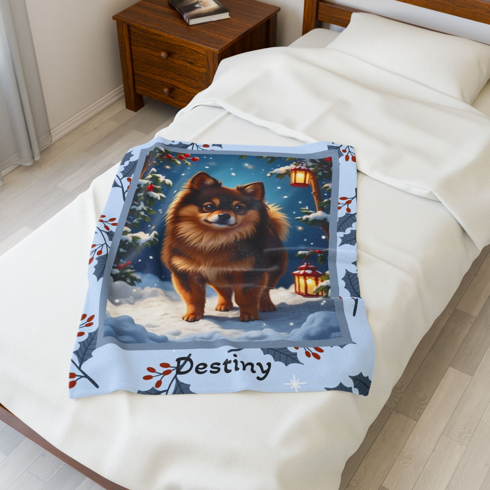 Pomeranian Chocolate and Tan personalized winter throw with fluffy Pom art in a glowing snowy lodge background