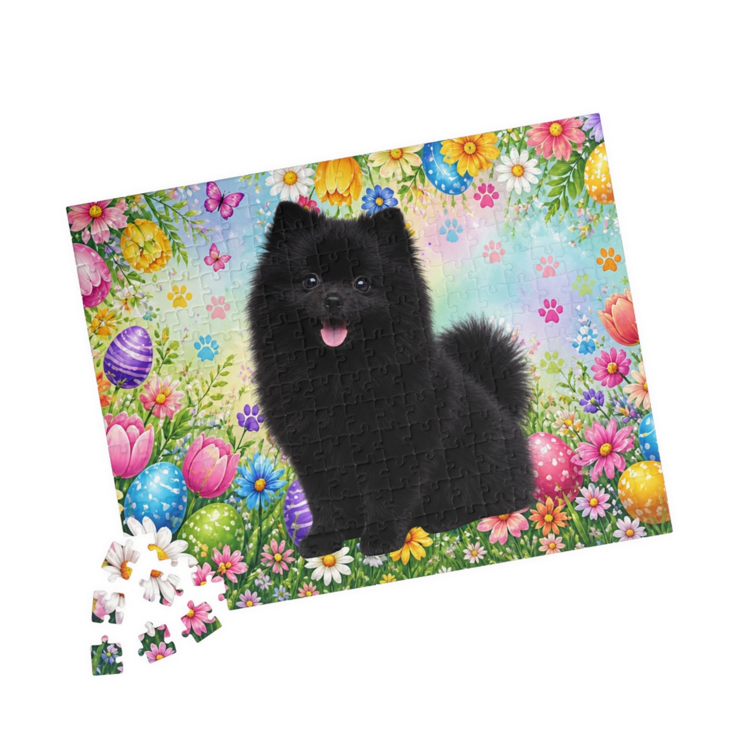 Pomeranian (Black) Easter Puppy Puzzle - Spring Garden with Eggs, Tulips, and Daisies