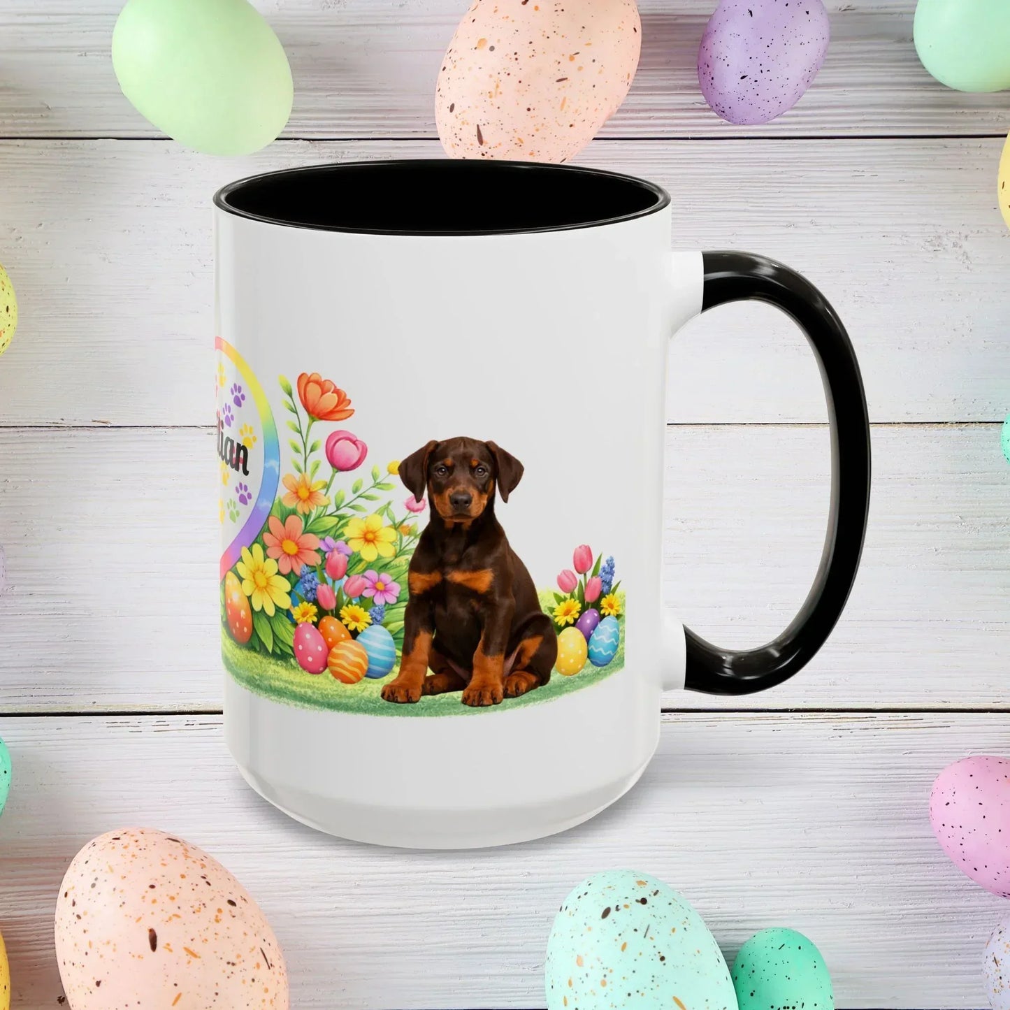 Shop our doberman red rust puppy easter mug featuring the 15oz style option from MySisterIsASurvivor.