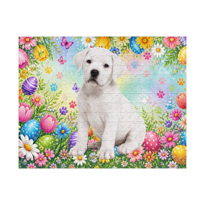 Rottweiler (White) Easter Puppy Puzzle - Spring Garden with Eggs, Tulips, and Butterflies