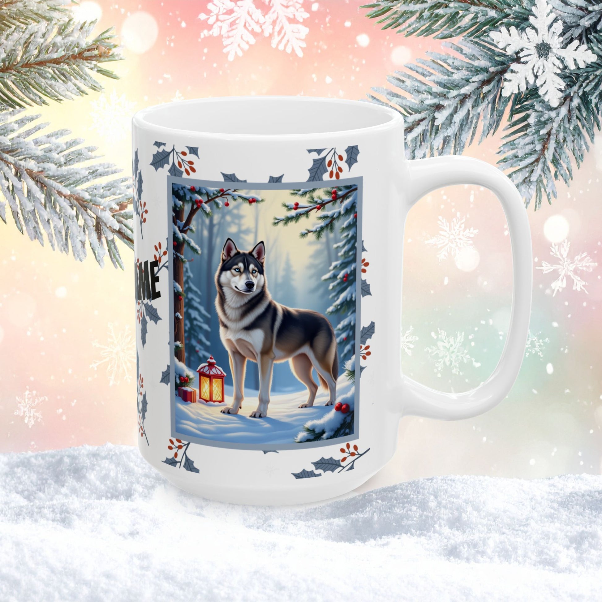 Husky (Wolf Grey) Winter Mug - wolf grey husky artwork standing in a winter setting with pine branches