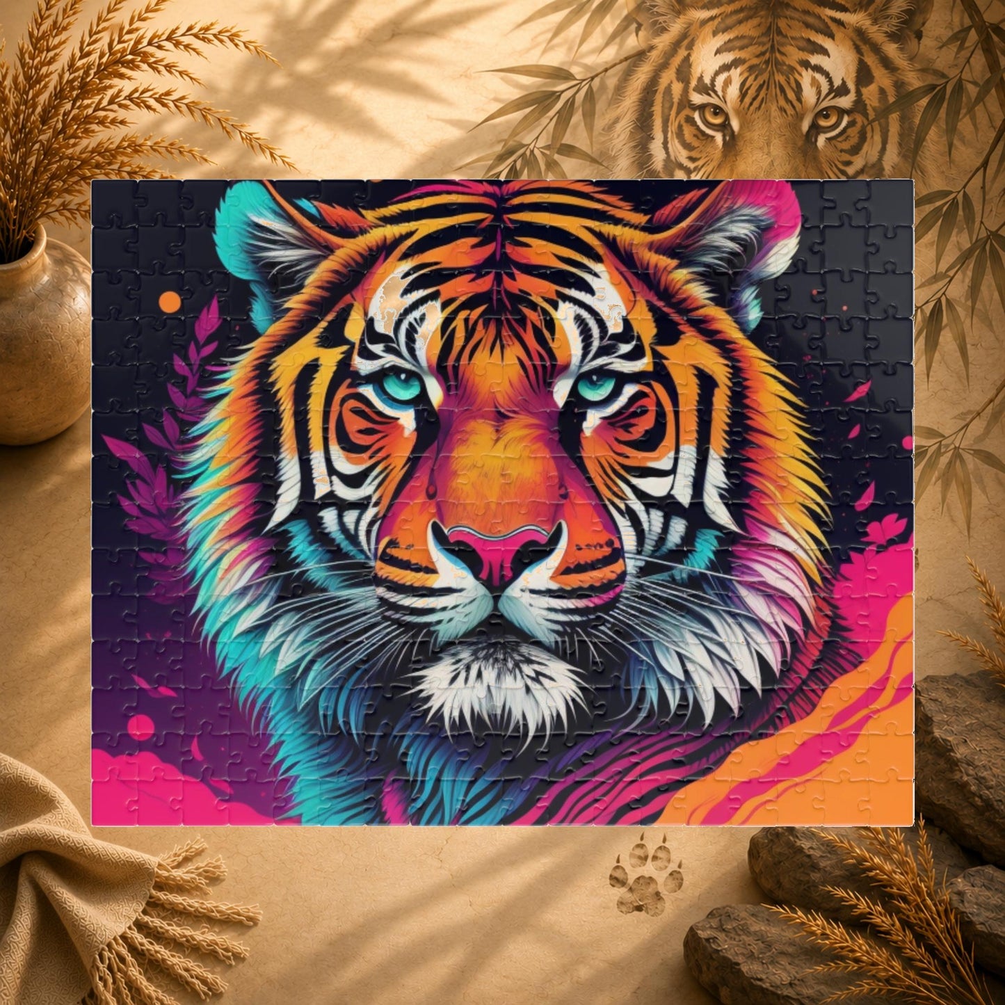 Roar to Renewal - Close-Up Neon Tiger Puzzle with Teal Eyes and Magenta Splatter Art