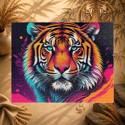 Roar to Renewal - Close-Up Neon Tiger Puzzle with Teal Eyes and Magenta Splatter Art