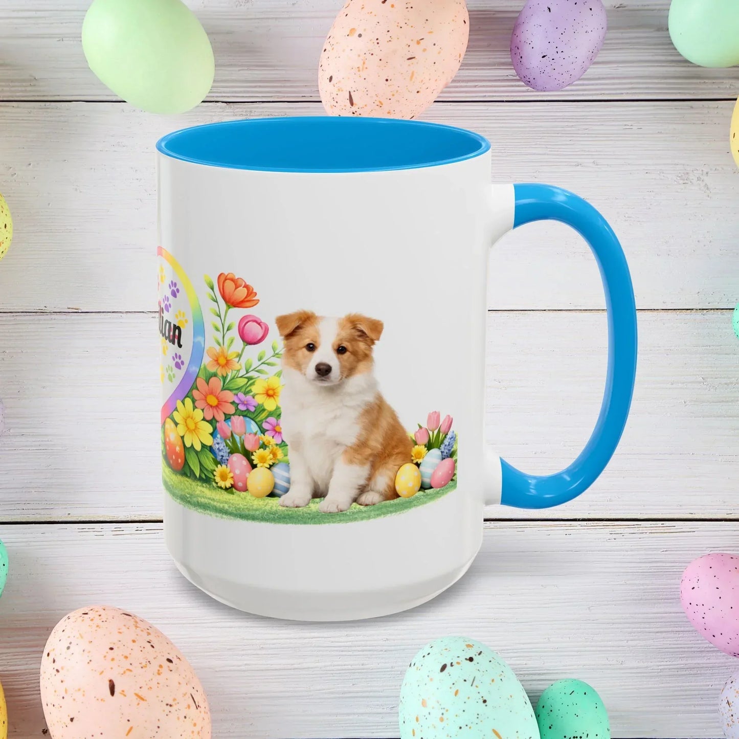 Shop our border collie gold puppy easter mug featuring the 15oz style option from MySisterIsASurvivor.