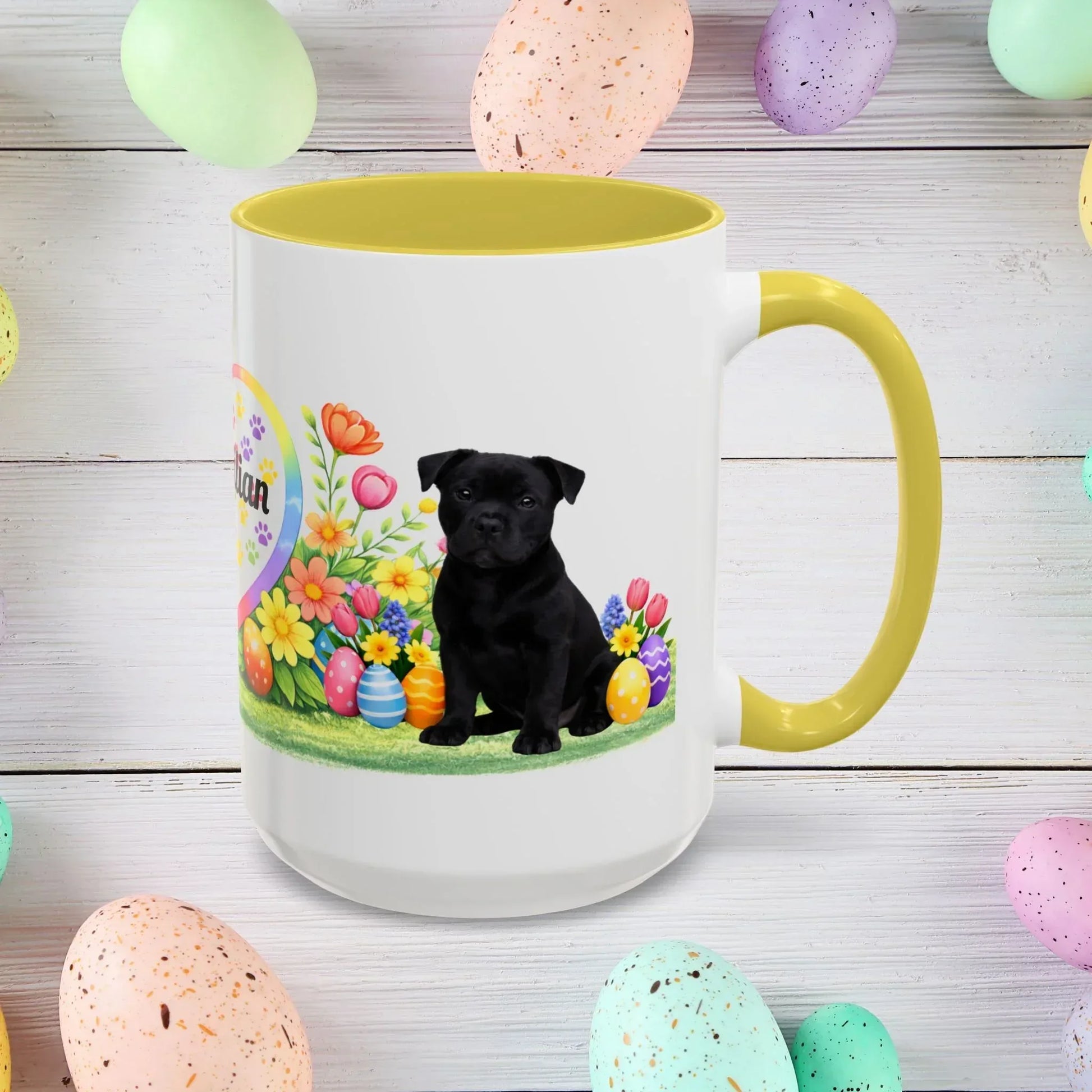 Shop our premium pitbull black puppy easter mug from MySisterIsASurvivor.