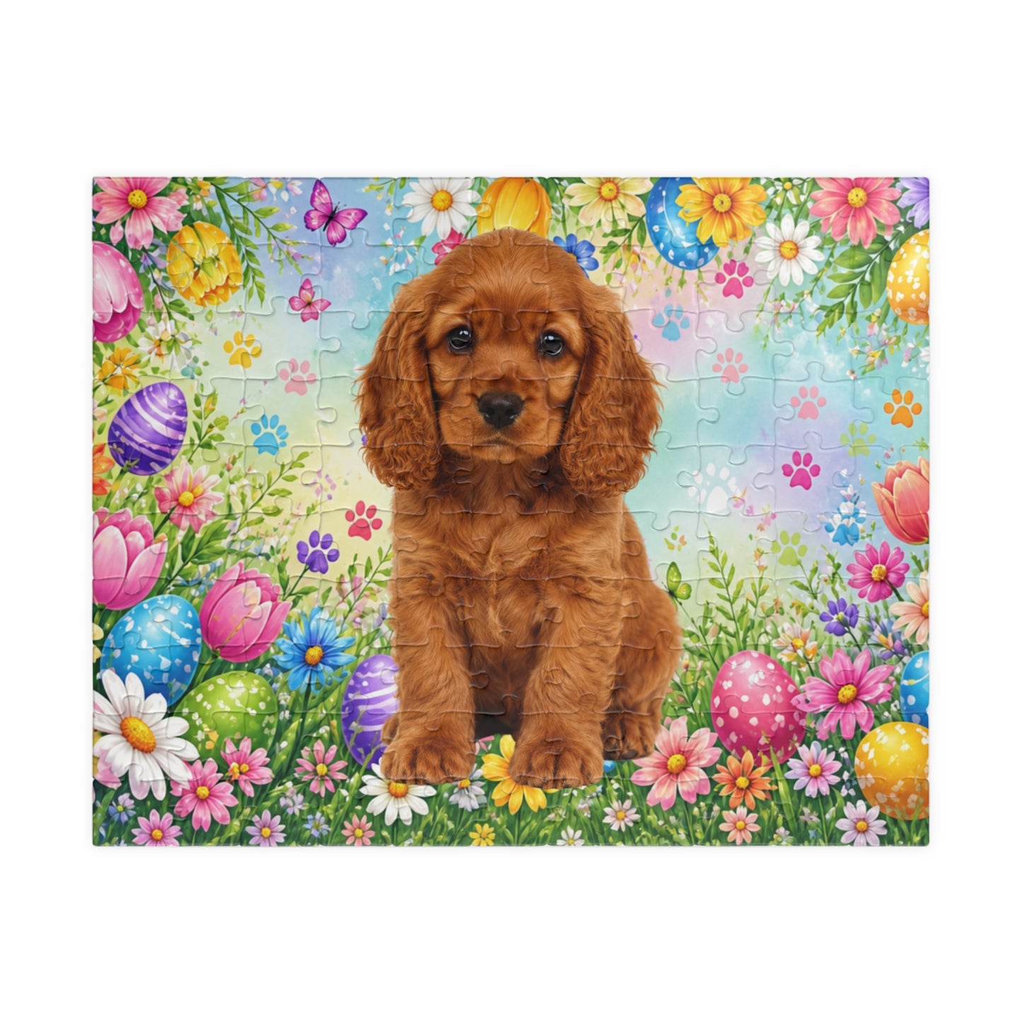 American Cocker Spaniel (Red) Easter Puppy Puzzle - Spring Garden with Eggs, Tulips, and Daisies