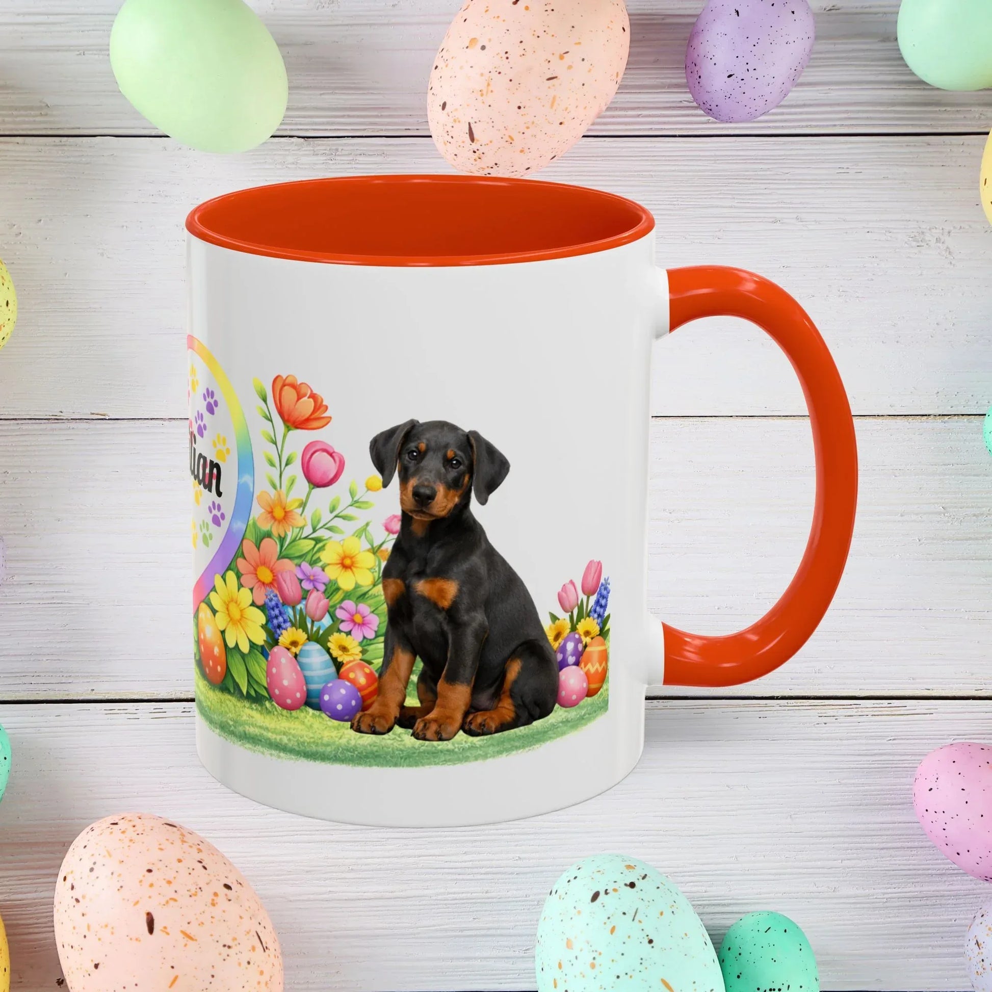 Shop our doberman blue rust puppy easter mug featuring the 11oz style option from MySisterIsASurvivor.