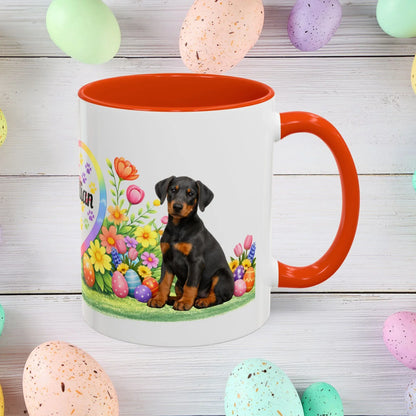 Shop our doberman blue rust puppy easter mug featuring the 11oz style option from MySisterIsASurvivor.