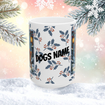 Golden Retriever (Dark Golden) Winter Mug - dark golden retriever illustrated standing in a festive winter setting