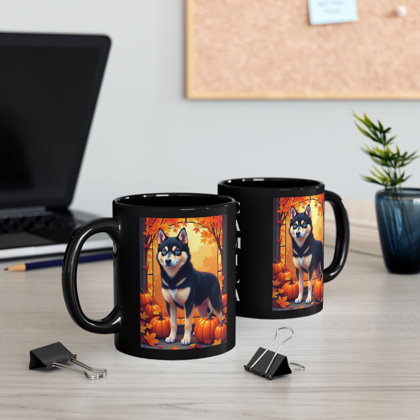 Black & Tan Husky (Blue Eyes) fall coffee mug, custom Husky lover gift for home, office, or seasonal drinks