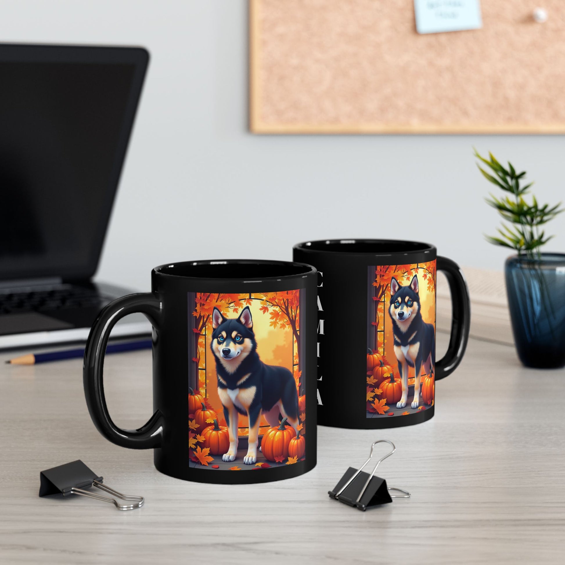 Black & Tan Husky (Blue Eyes) fall coffee mug, custom Husky lover gift for home, office, or seasonal drinks