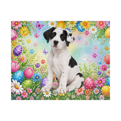 Great Dane (Piebald) Easter Puppy Puzzle - Spring Garden with Eggs, Tulips, and Daisies
