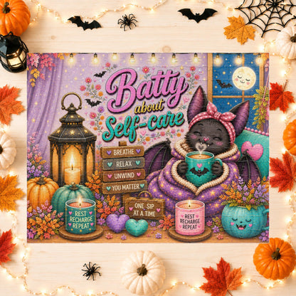 Batty About Self-Care Halloween Puzzle - Cozy Bat with Warm Mug, Blanket, and Rest Recharge Repeat