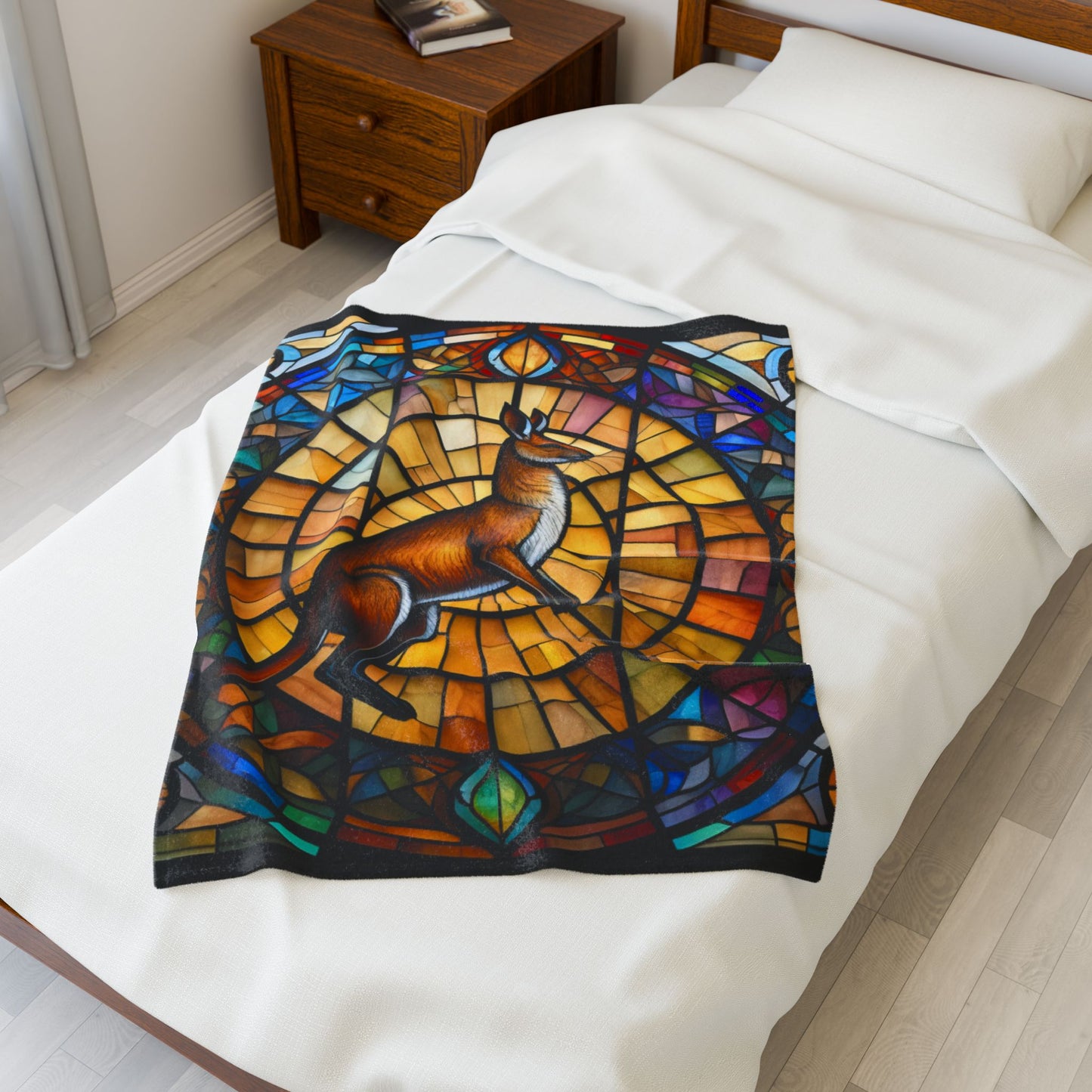 A cozy kangaroo blanket with stained glass-style background that radiates warmth and calm.