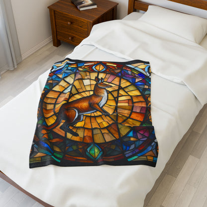 A cozy kangaroo blanket with stained glass-style background that radiates warmth and calm.