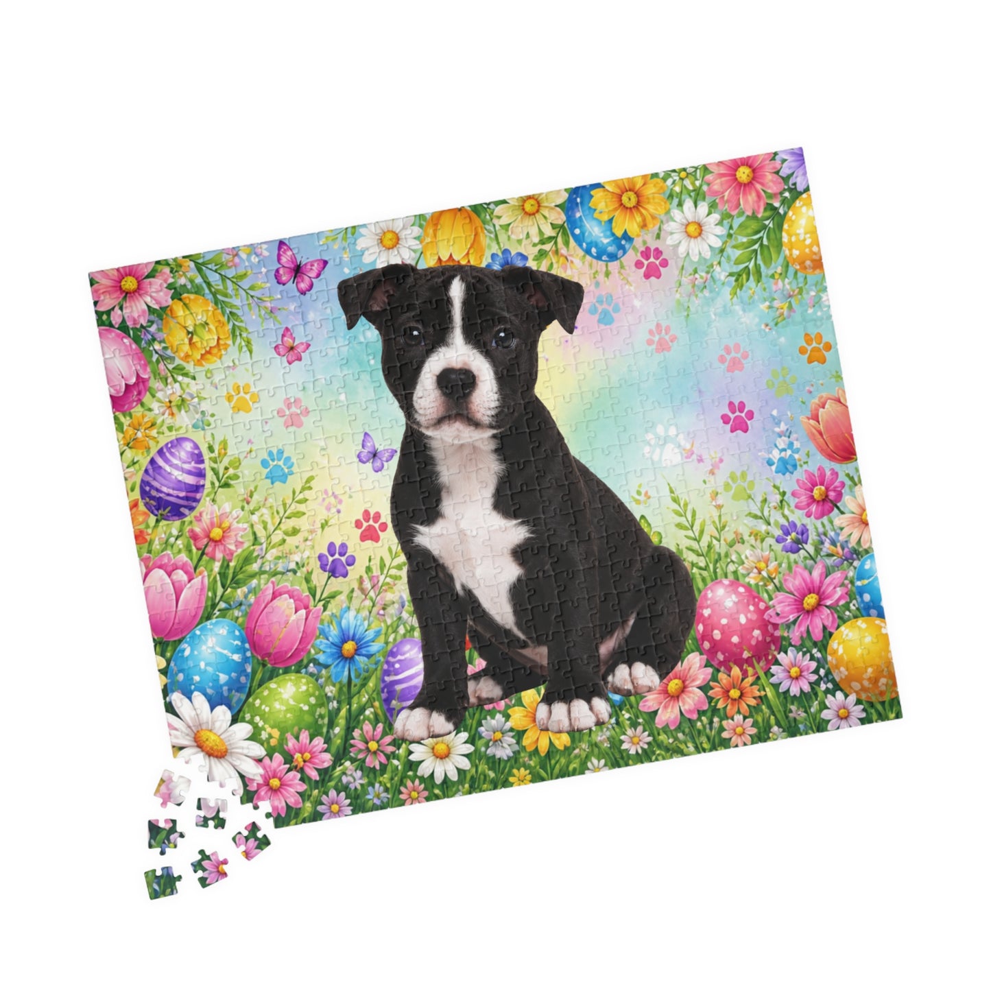 Pitbull (Black & White) Easter Puppy Puzzle - Spring Garden with Eggs, Tulips, and Daisies