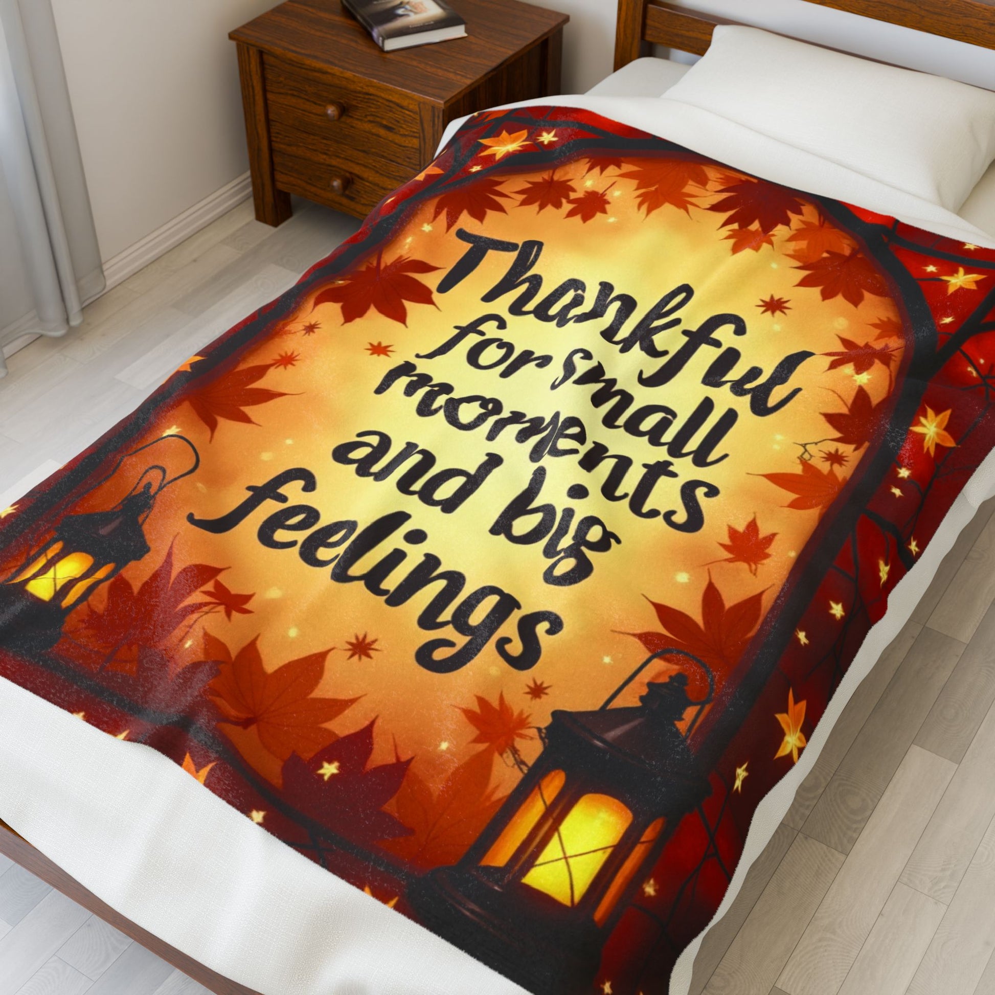 Cozy fall blanket with “Thankful for Small Moments and Big Feelings,” mindfulness-inspired design.