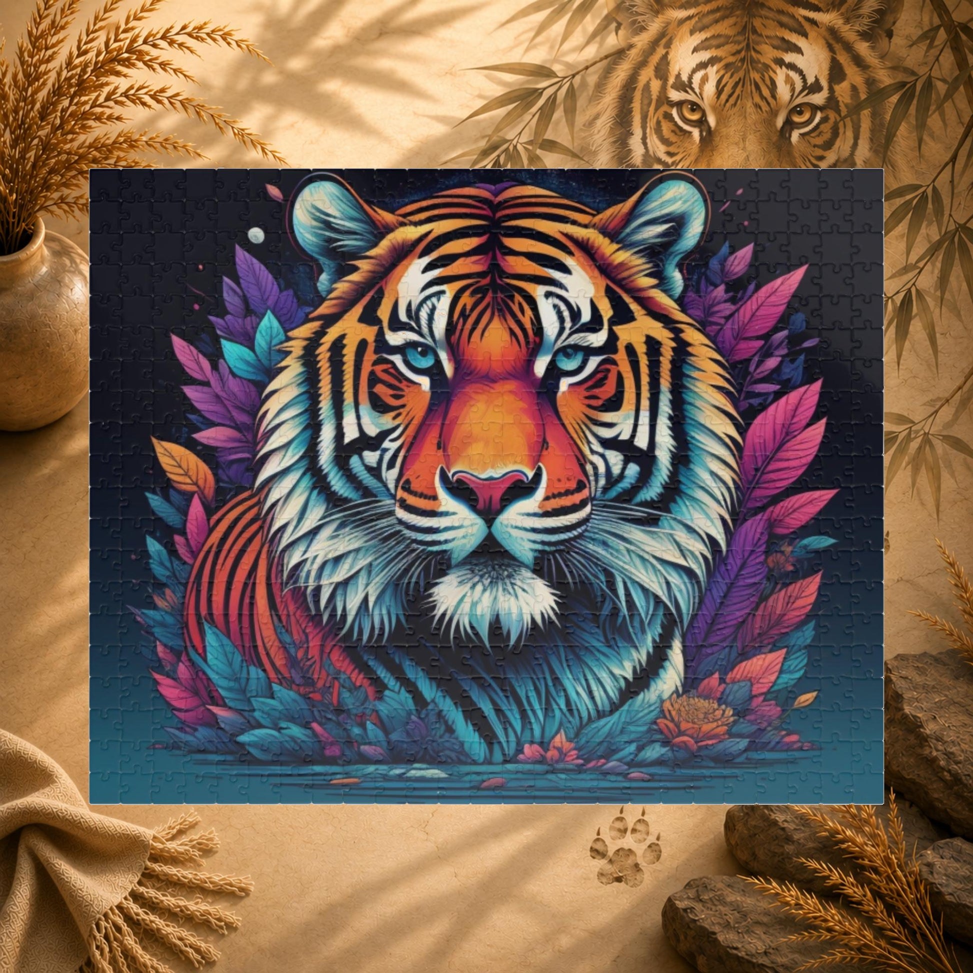 Colorful tiger illustration with floral elements on a dark background