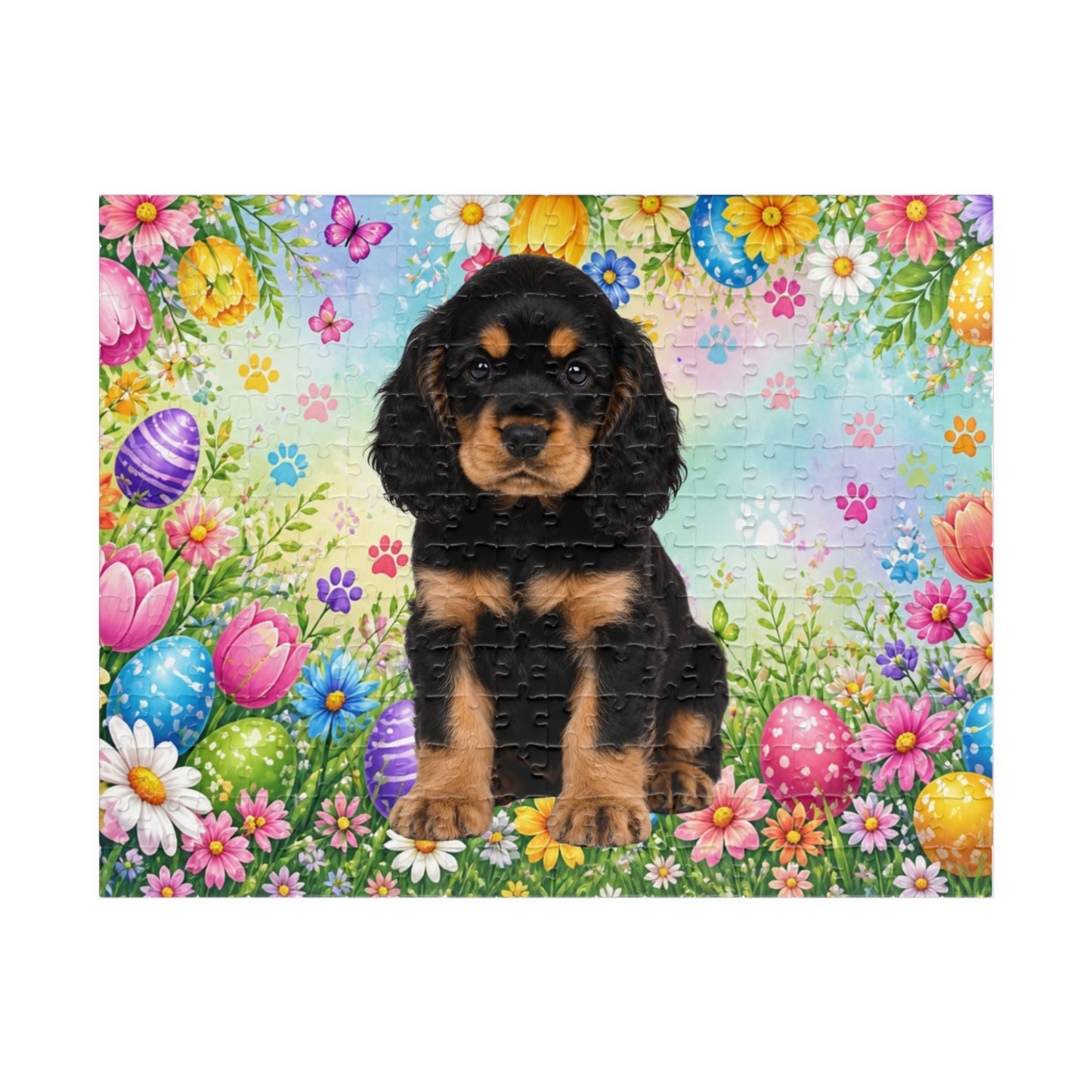 American Cocker Spaniel (Black & Tan) Easter Puppy Puzzle - Spring Garden with Eggs, Tulips, and Daisies