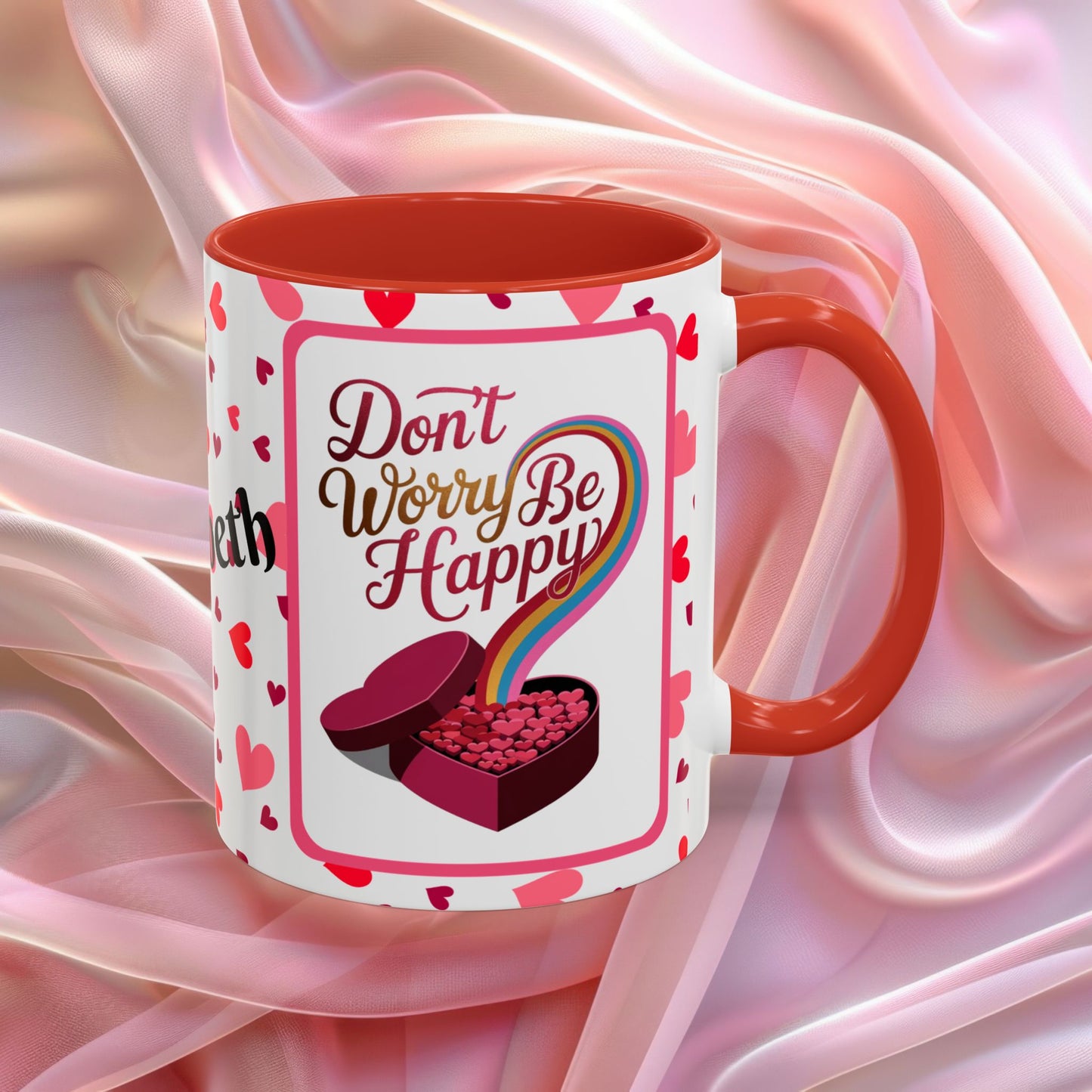 Dont Worry Be Happy Valentines mug with positive affirmation, cheerful Valentine coffee cup for daily encouragement
