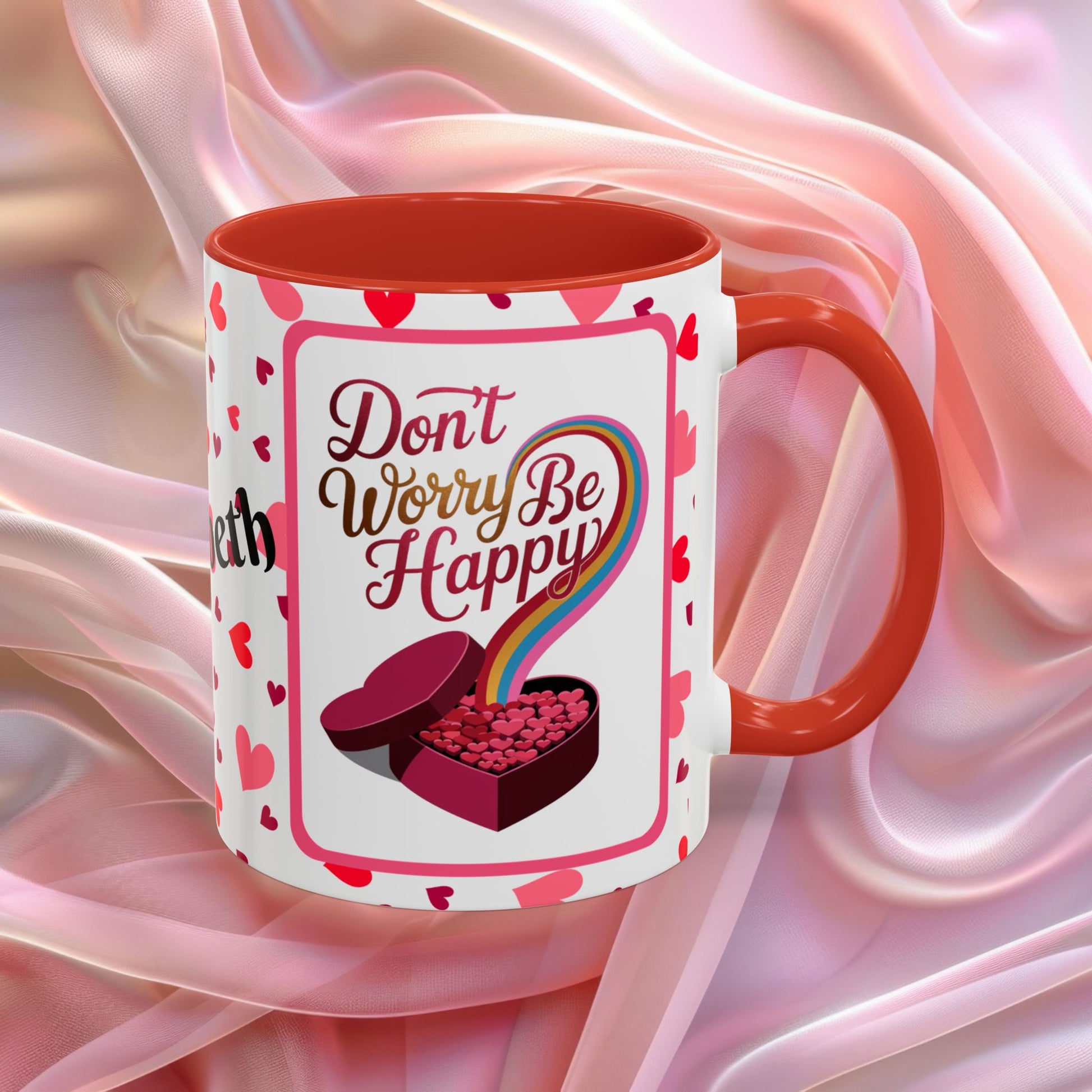 Dont Worry Be Happy Valentines mug with positive affirmation, cheerful Valentine coffee cup for daily encouragement